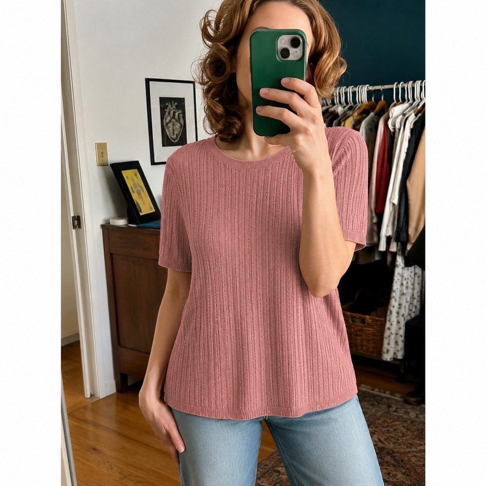 Brooks Brothers Womens Silk Sweater Short Sleeve Cable Knit Mauve Pink Sz Large